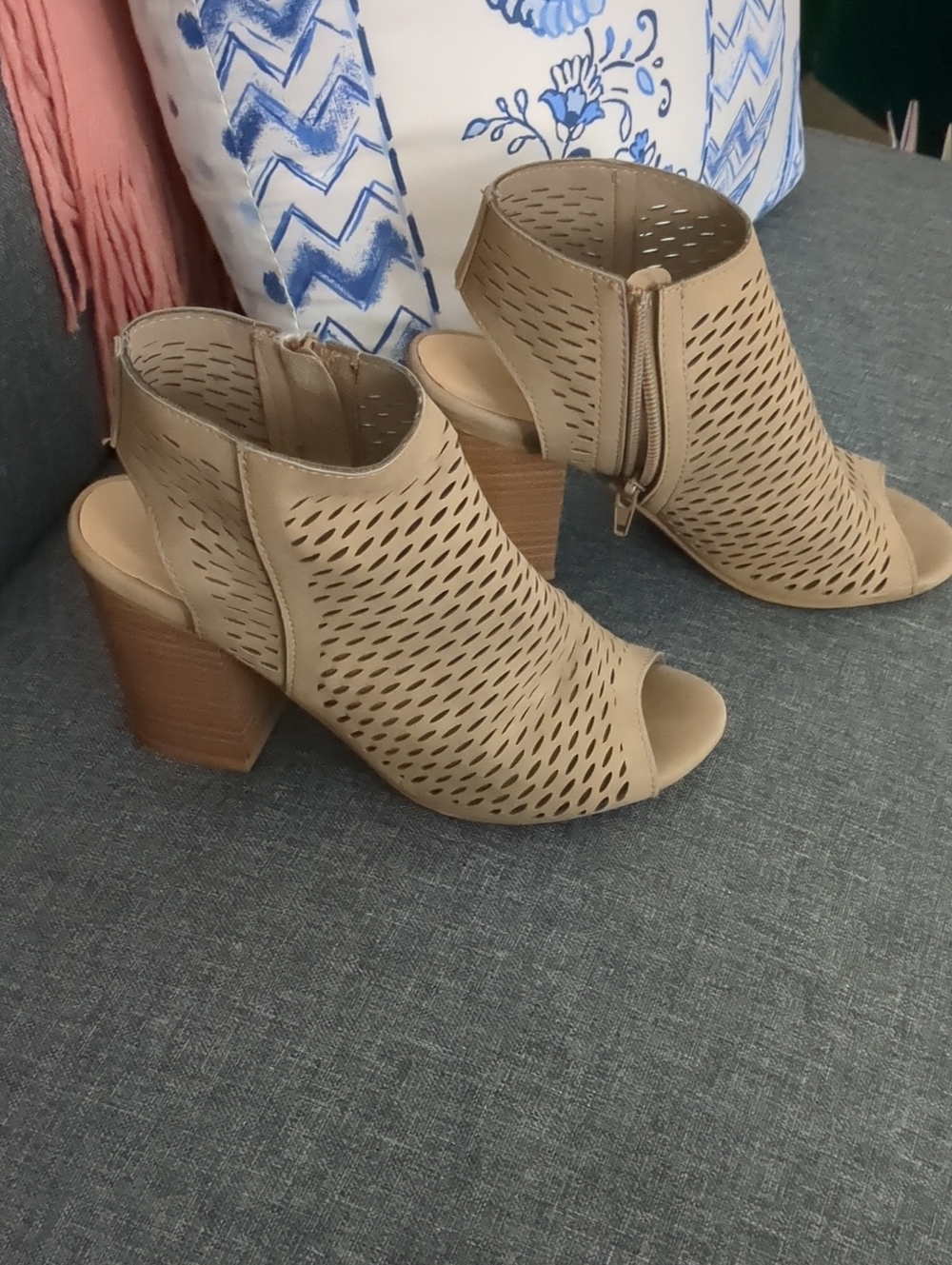 Soda Beige Perforated Peep-Toe Block Heel Booties